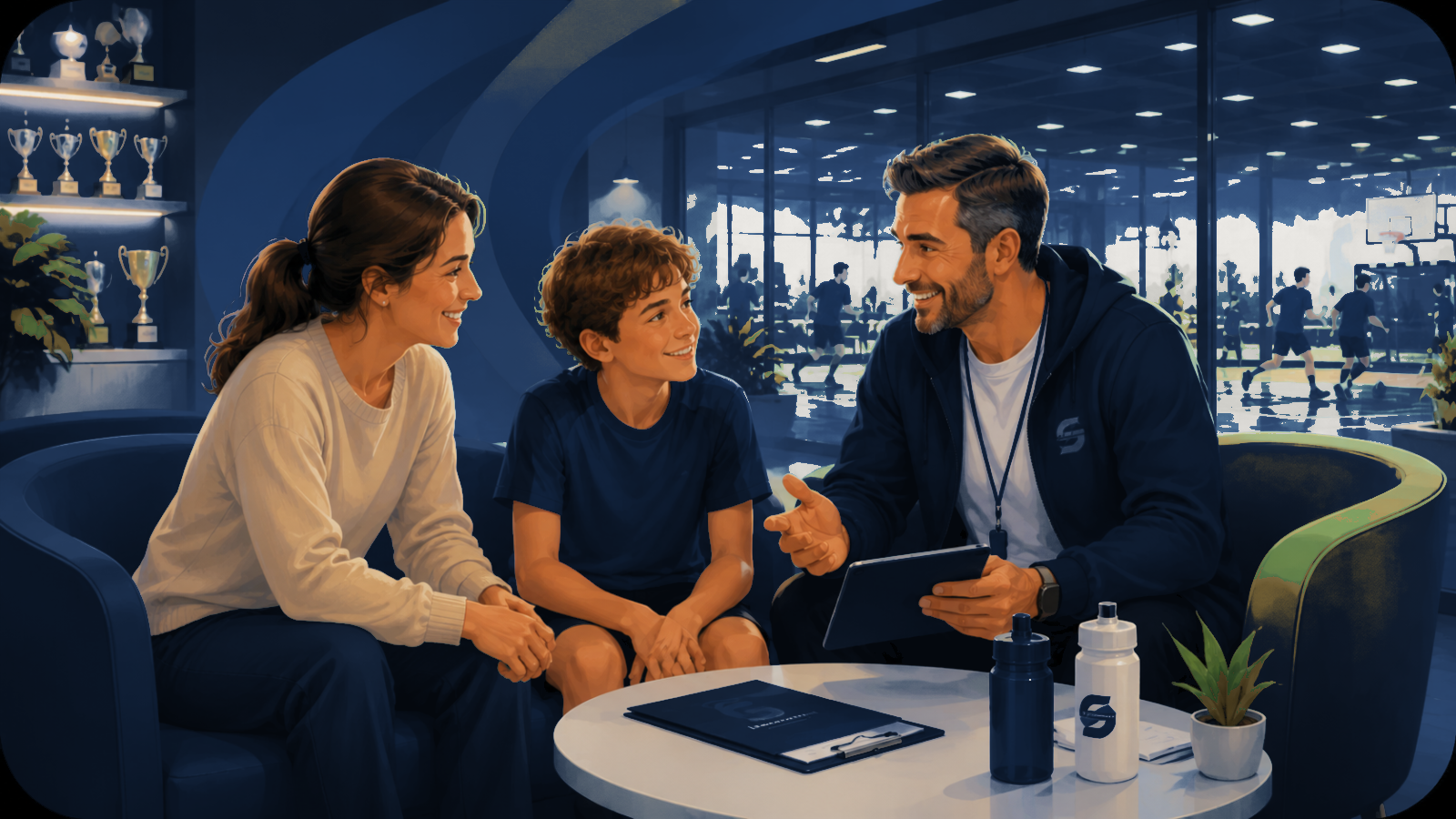 Edző és fiatal sportolók sportklub környezetben