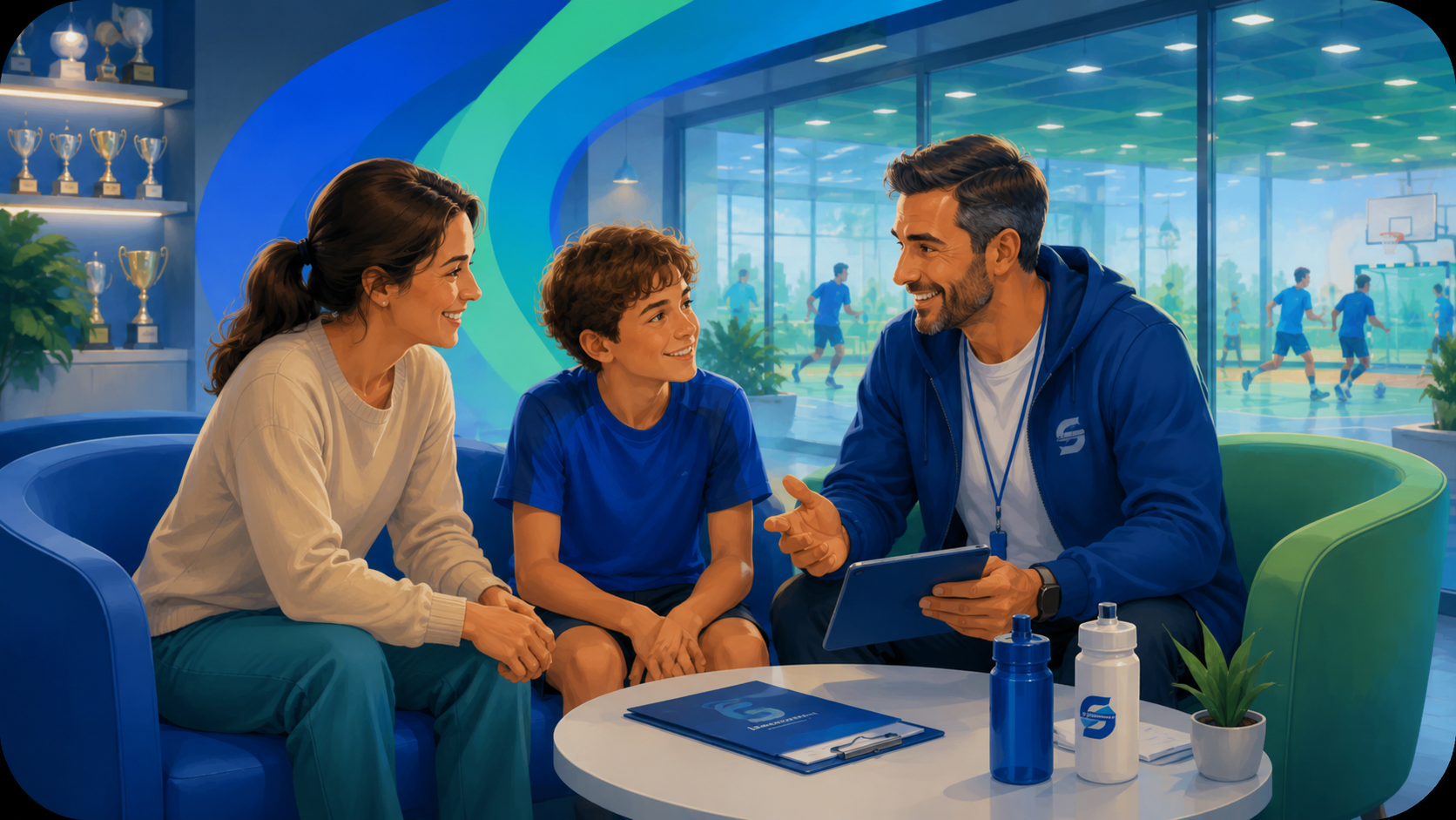 Edző és fiatal sportolók sportklub környezetben